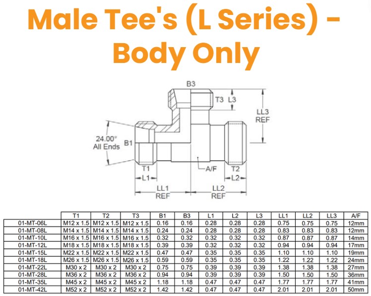M12 (6L) M/M/M Tee - Body Only Hydraulic Adaptor